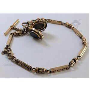 Gold Filled Hand Etched Victorian Watch Chain Bloodstone Carnelian Locket 45.5g